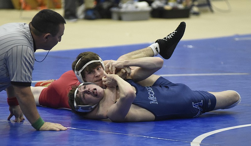 Baylor's Trevor Milling controls McCallie's Jaren McAllister on the way to a win by major decision in their 120-pound class match as McCallie hosts Baylor in a wrestling match on Saturday, Jan. 30, 2016, in Chattanooga, Tenn.