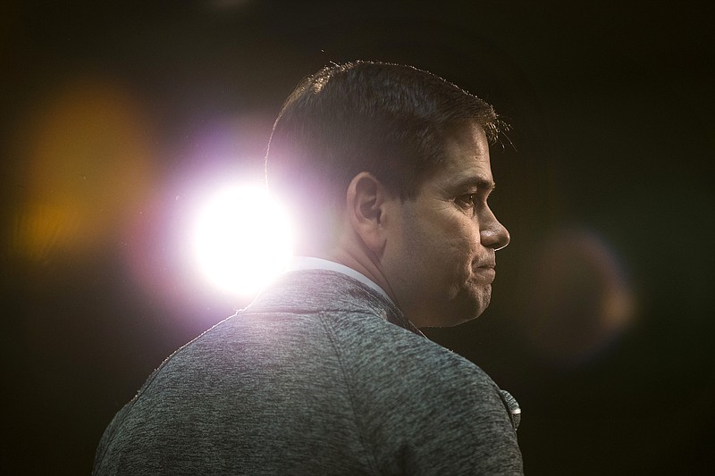 Republican presidential candidate, Sen. Marco Rubio, R-Fla., pauses for a moment while speaking at a rally Saturday, Jan. 30, 2016, in Council Bluffs, Iowa. (AP Photo/Jae C. Hong)