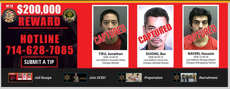 
              This banner atop the Orange County Sheriff's Department webpage shows the latest iteration of their Internet "wanted" poster, showing that all three escaped inmates are in custody as of Saturday, Jan. 30, 2016. After a week of SWAT raids and a gang dragnet, it was a tip that led San Francisco police to the two remaining fugitives who broke out of a Santa Ana, Calif., jail. A third surrendered Friday. (Orange County Sheriff's Department via AP)
            