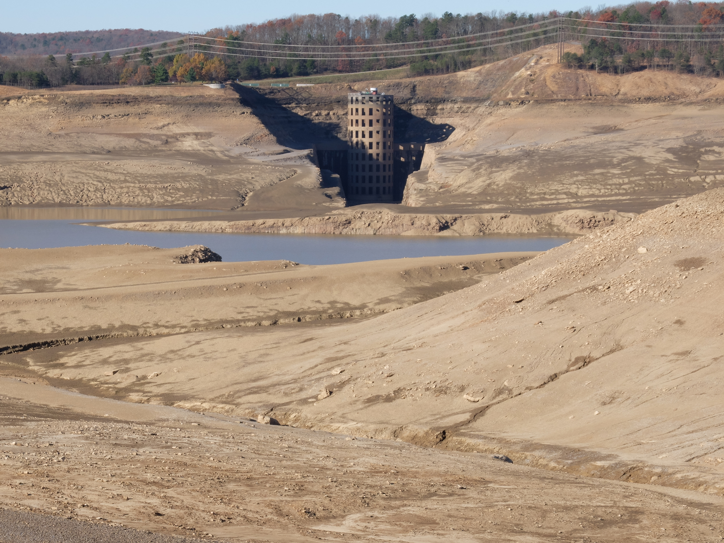The towering intake structure is visible in this photo from the fall when the 500-acre reservoir was completely drained for maintenance except for areas lower than the intake.