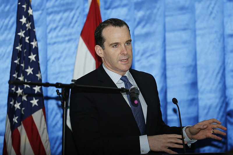 
              FILE -- In this Dec. 9, 2015 file photo, President Barack Obama's envoy to the U.S.-led coalition against the Islamic State, Brett McGurk speaks to reporters during a news conference at the U.S. Embassy in the heavily fortified Green Zone in Baghdad, Iraq. McGurk said he visited northern Syria over the weekend to review the ongoing fight against the extremist group, marking the first visit by a senior administration official to Syria since the beginning of the U.S.-led campaign against IS in August 2014. (Thaier Al-Sudani /Pool File Photo via AP)
            