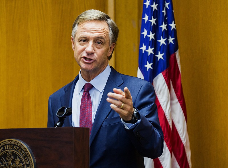 Tennessee Gov. Bill Haslam speaks to reporters in advance of his annual State of the State address in Nashville on Monday, Feb. 1, 2016. 