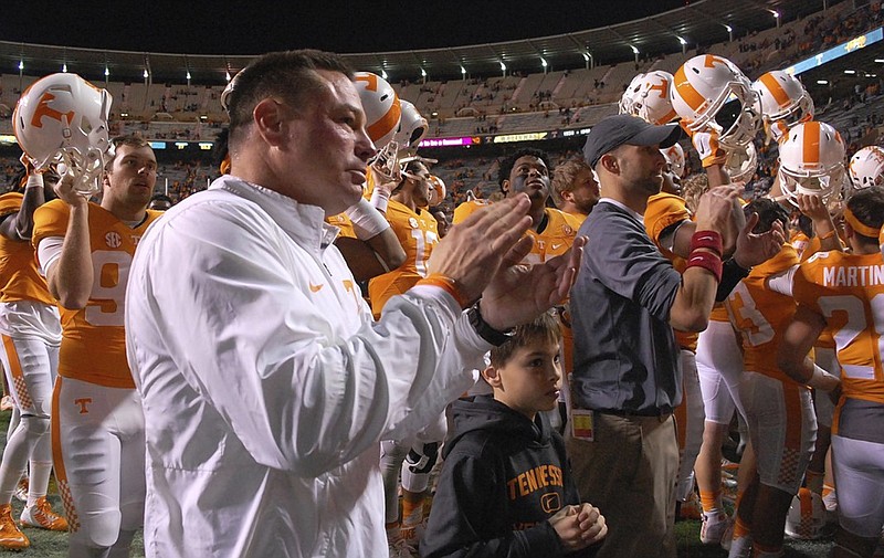 Tennessee head coach Butch Jones, and son Andrew, join the rest of the Vols for Rocky Top.  The Vanderbilt Commodores visited the Tennessee Volunteers in SEC football action November 28, 2015.