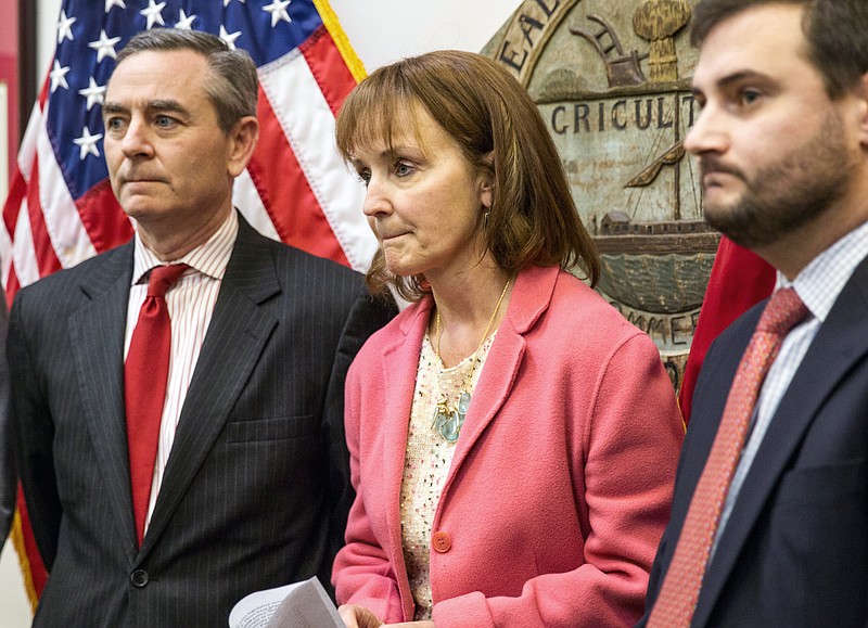Republican House Speaker Beth Harwell, center, holds a news conference on Jan. 25 in Nashville.
