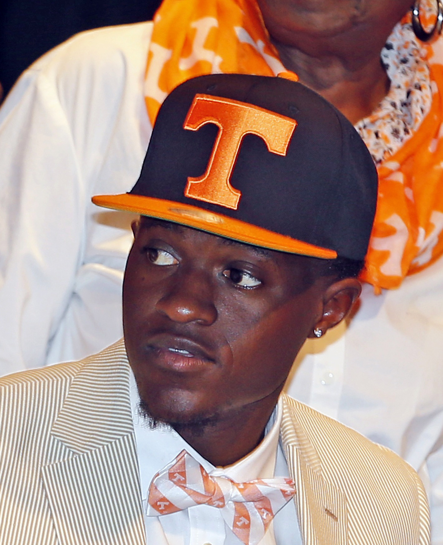 American Heritage football player Brandon Johnson commits to the Tennessee during a national signing day event at American Heritage High School, Wednesday, Feb. 3, 2016, in Plantation, Fla. (Charles Trainor Jr./The Miami Herald via AP) MAGS OUT; MANDATORY CREDIT