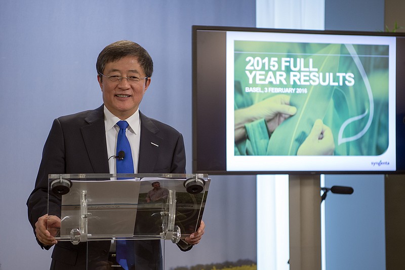 
              Ren Jianxin, Chairman of ChemChina (China National Chemical Corporation), speaks during the annual press conference of agrochemical company Syngenta in Basel, Switzerland on Wednesday, Feb. 3, 2016.  The Chinese state-owned chemical maker offered to buy Swiss pesticide giant Syngenta for US $43 billion in what would be the biggest-ever foreign acquisition by a Chinese company. Syngenta AG said  its board is recommending shareholders accept the offer from  ChemChina.  (Georgios Kefalas/Keystone via AP)
            