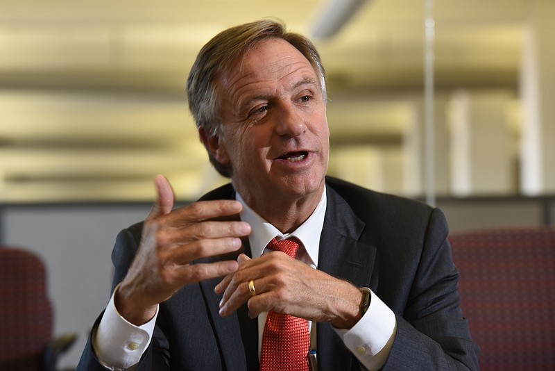 Tennessee Gov. Bill Haslam talks about education and his budget to the editorial board Thursday at the Times Free Press.