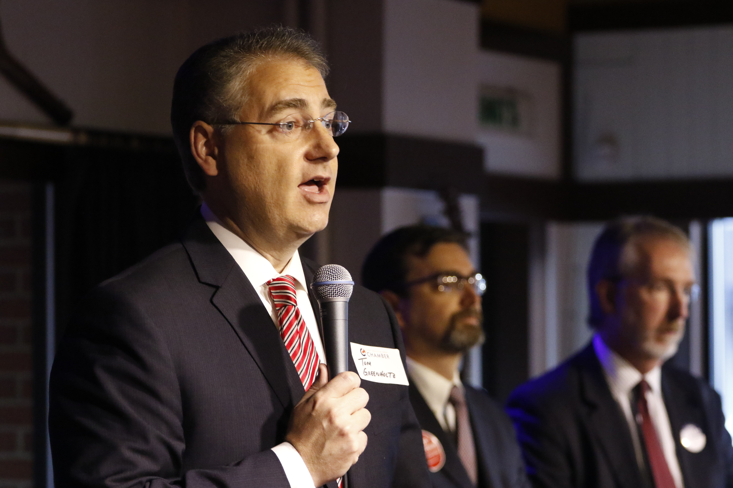 Staff Photo by Dan Henry / The Chattanooga Times Free Press- 2/4/16. Tom Greenholtz, a candidate for Criminal Court Judge Division II, speaks during the Downtown Council of the Chamber of Commerce's candidate forum at Puckett's restaurant in downtown Chattanooga on Thursday, February 4, 2016.