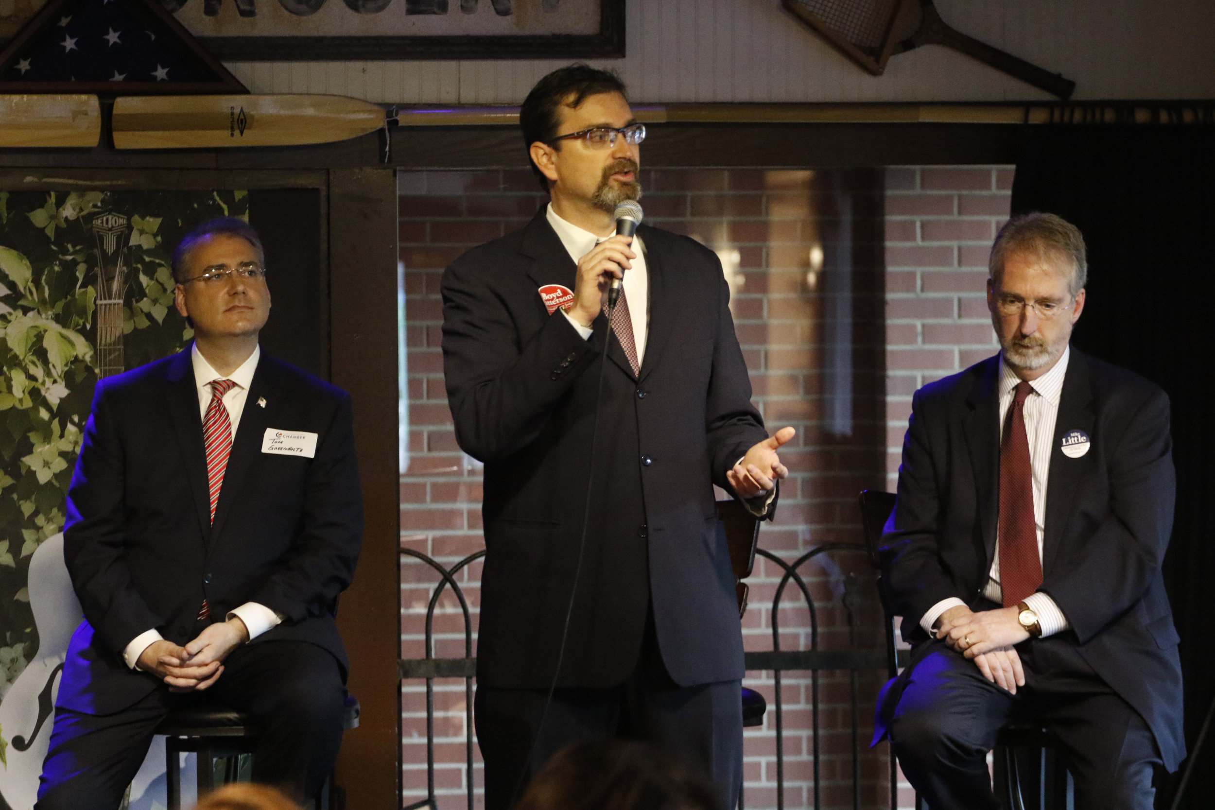 Staff Photo by Dan Henry / The Chattanooga Times Free Press- 2/4/16. Boyd Patterson, a candidate for Criminal Court Judge Division II, speaks during the Downtown Council of the Chamber of Commerce's candidate forum at Puckett's restaurant in downtown Chattanooga on Thursday, February 4, 2016.