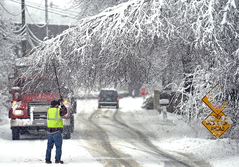 
              Art Chapman, a driver with Wililmantic Waste Paper Co. shakes the snow from a tree hanging low over Gallivan Lane in Montville, Conn., Friday, Feb. 5, 2016. Chapman says this is the second tree he's had to shake clear of snow to get his truck by today. A winter storm dumped several inches of heavy wet snow on the region Friday.  (Sean D. Elliot/The Day via AP)
            