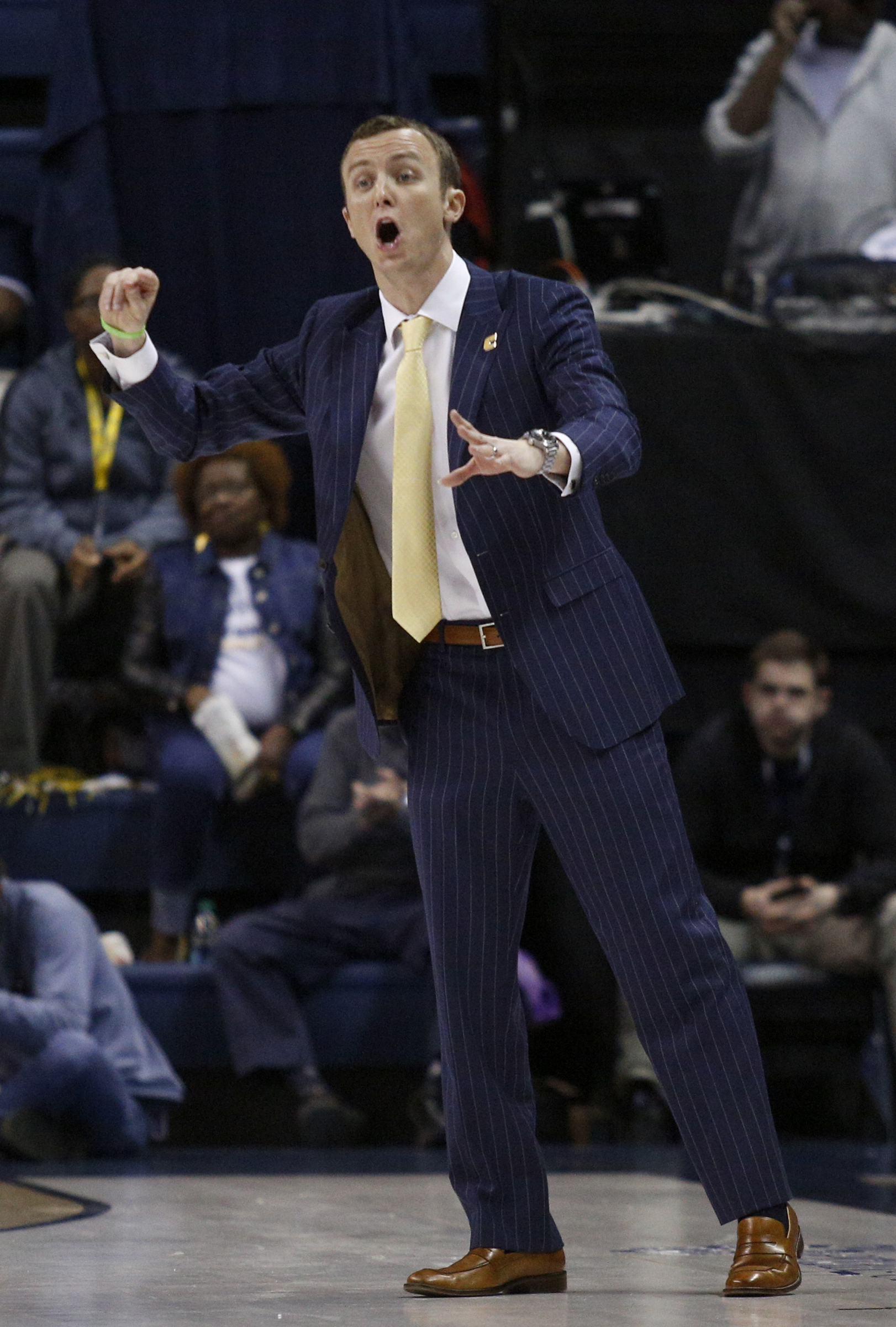 UTC head men's basketball coach Matt McCall shouts to players during the Mocs' home basketball game against the Paladins at McKenzie Arena on Saturday, Feb. 6, 2016, in Chattanooga, Tenn.