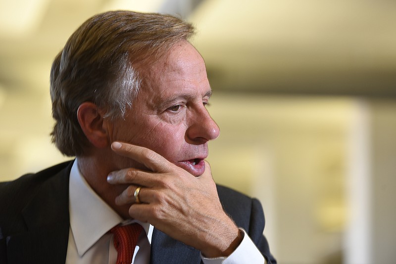 Tennessee Gov. Bill Haslam speaks at the Times Free Press offices on Thursday.