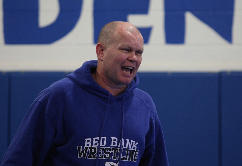 First year wrestling head coach Shane Turner yells as his players practice at Red Bank High School on Thursday.