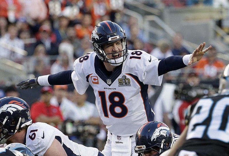 
              Denver Broncos’ Peyton Manning (18) calls a play during the first half of the NFL Super Bowl 50 football game Sunday, Feb. 7, 2016, in Santa Clara, Calif. (AP Photo/Matt York)
            