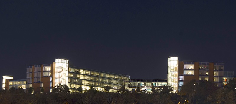 The BlueCross BlueShield building stays well lit at night in Chattanooga, Tenn., on Monday, November 3, 2014.