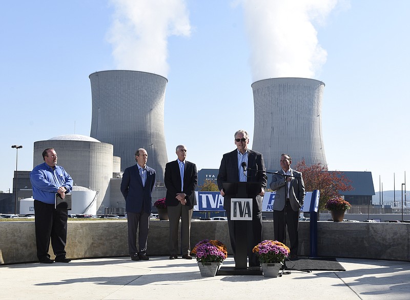 TVA President and CEO Bill Johnson speaks at a news conference at the Watts Bar Nuclear Plant on Oct. 22, 2015, as Unit 2 begins producing electricity for the first time. Standing with him are, from left, TVA manager of media relations Jim Hopson, site vice president Kevin Walsh, TVA chief nuclear officer Joe Grimes and Mike Skaggs, senior vice president of operations and construction.