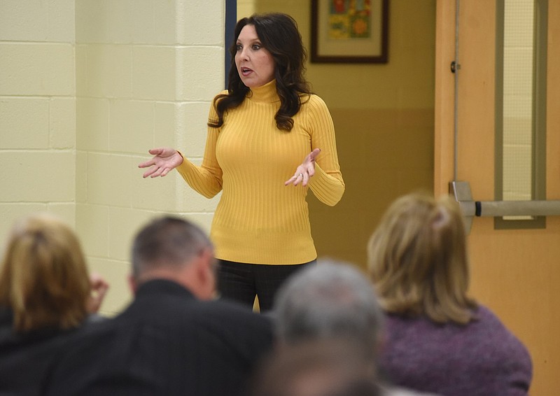 Hamilton County Commissioner Sabrena Smedley speaks during a public meeting at Westview Elementary about plans for a new subdivision on Ooltewah-Ringgold Road named Skyfall on Monday, Feb. 23, 2015, in East Brainerd, near Chattanooga, Tenn. 