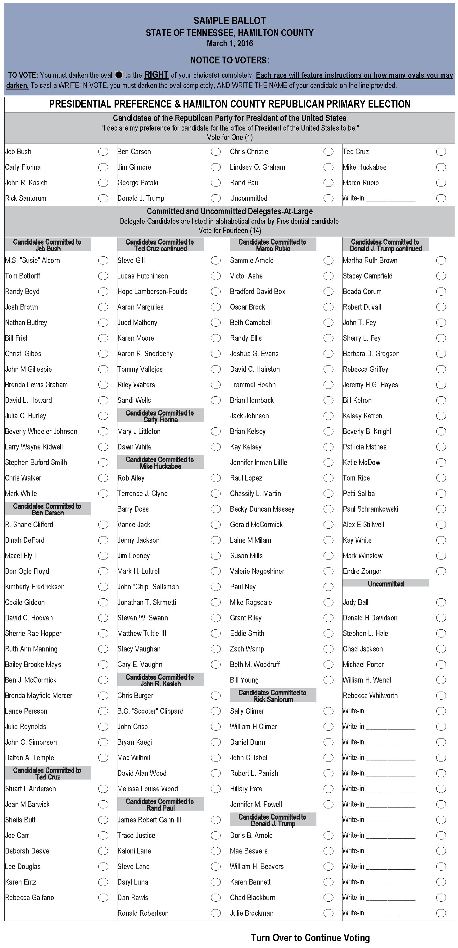 Sample Republican ballot front