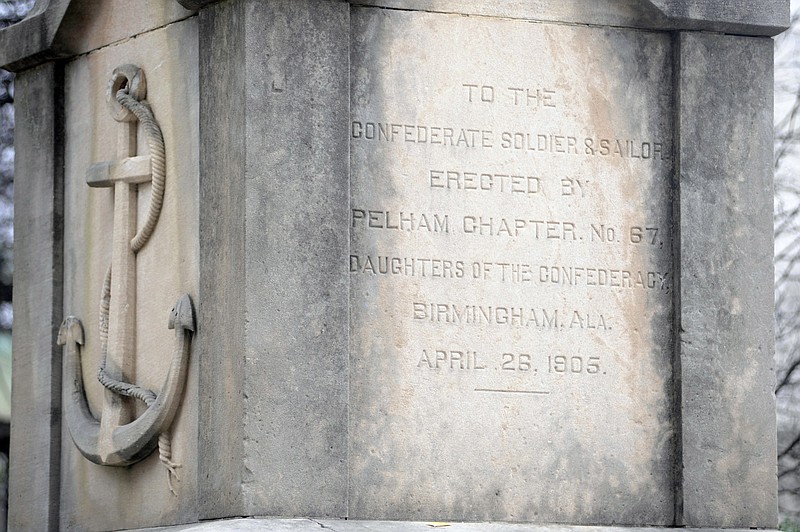 The inscriptions on a Confederate monument in Linn Park in downtown Birmingham, Ala., are shown on Tuesday, Feb. 9, 2016. A legislative committee is considering a proposal that would make it more difficult for local officials to remove Confederate memorials like the obelisk, which the city park board has voted to take down. (AP Photo/Jay Reeves)