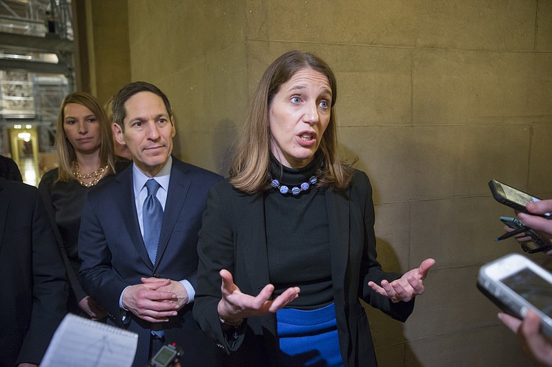 
              Secretary of Health and Human Services Sylvia Mathews Burwell, joined at left by Dr. Tom Frieden, director of the Centers for Disease Control and Prevention, speaks to reporters as they leave a closed-door briefing for senators on the Zika virus, at the Capitol in Washington, Tuesday, Feb. 9, 2016. President Barack Obama has proposed $1.8 billion to combat the Zika virus which is spreading rapidly through Latin America and is suspected of causing a devastating birth defect — babies born with abnormally small heads. (AP Photo/J. Scott Applewhite)
            