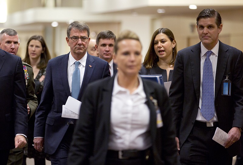 
              U.S. Secretary of Defense Ash Carter, third left, walks to a meeting at NATO headquarters in Brussels on Wednesday, Feb. 10, 2016. NATO defense ministers convene a two-day meeting to discuss current defense issues and whether the Alliance should take a more direct role in dealing with its gravest migrant crisis since WWII. (AP Photo/Virginia Mayo, Pool)
            