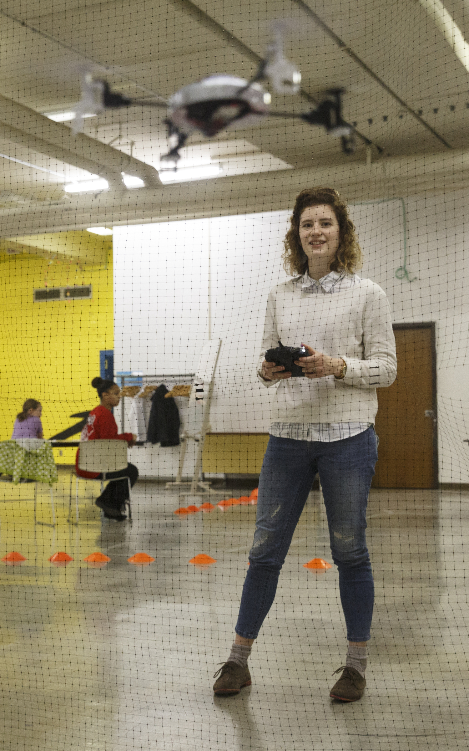 Emily Lindstrom pilots a drone during the first session in an 8-week training course to teach people how to pilot drones at the Chattanooga Public Library on Saturday, Feb. 6, 2016, in Chattanooga, Tenn.