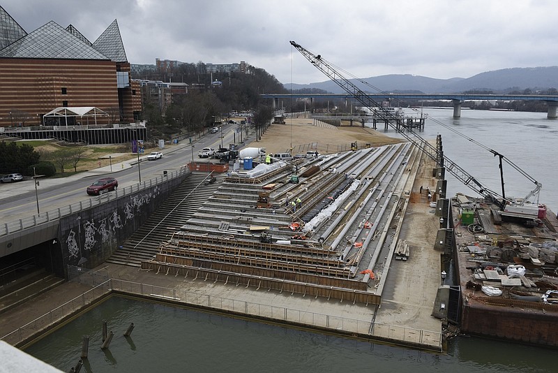 Photographed Monday, Feb. 1, 2016, in Chattanooga, Tenn., construction continues where the concrete steps at Ross's Landing are being rebuilt at the 21st Century Riverfront.