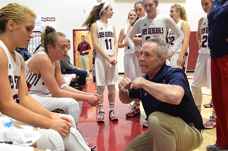 Heritage head coach Eddie Bryant directs his Lady General between quarters.  The Heritage Lady Generals faced the Cartersville Lady Canes in GHSA basketball action in the District 7-AAAA Tournament at Southeast Whitfield High School in Dalton Ga. on February 11, 2016. 