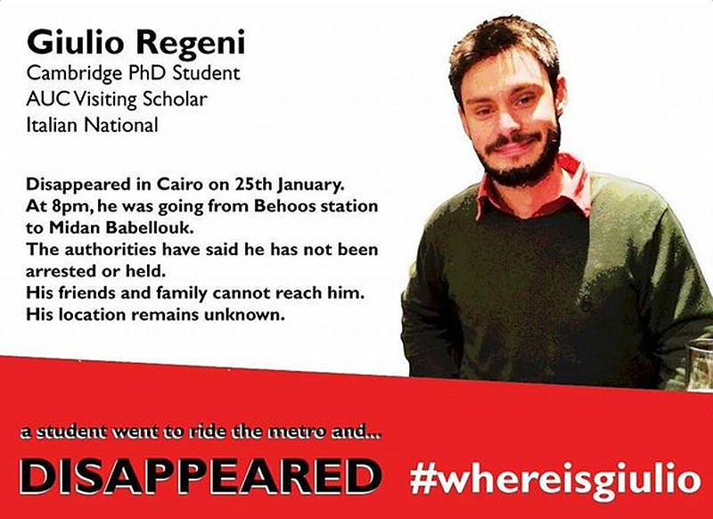 
              FILE - This file image posted online after the Jan. 25, 2016 disappearance of Italian graduate student Giulio Regeni in Cairo, Egypt shows Reggeni in a graphic used in an online campaign, #whereisgiulio seeking information on his whereabouts.  Egypt has denied the police had anything to do with the brutal killing of an Italian student whose body was found on the outskirts of Cairo bearing signs of torture. (#wheresgiulio via AP)
            