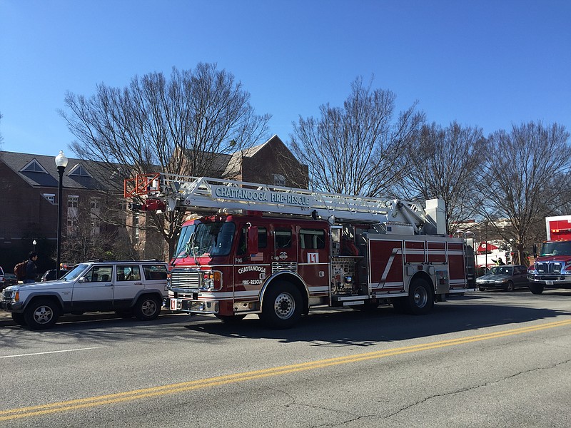 Fire engines arrive on UTC's campus after a confirmed chemical spill at the engineering building.
