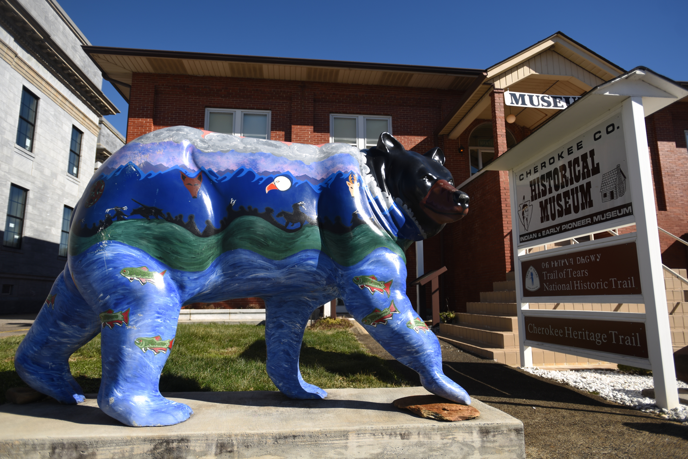 A large bear stands in front of the Cherokee County Historical Museum in Murphy, N.C., Tuesday, January 19, 2016.