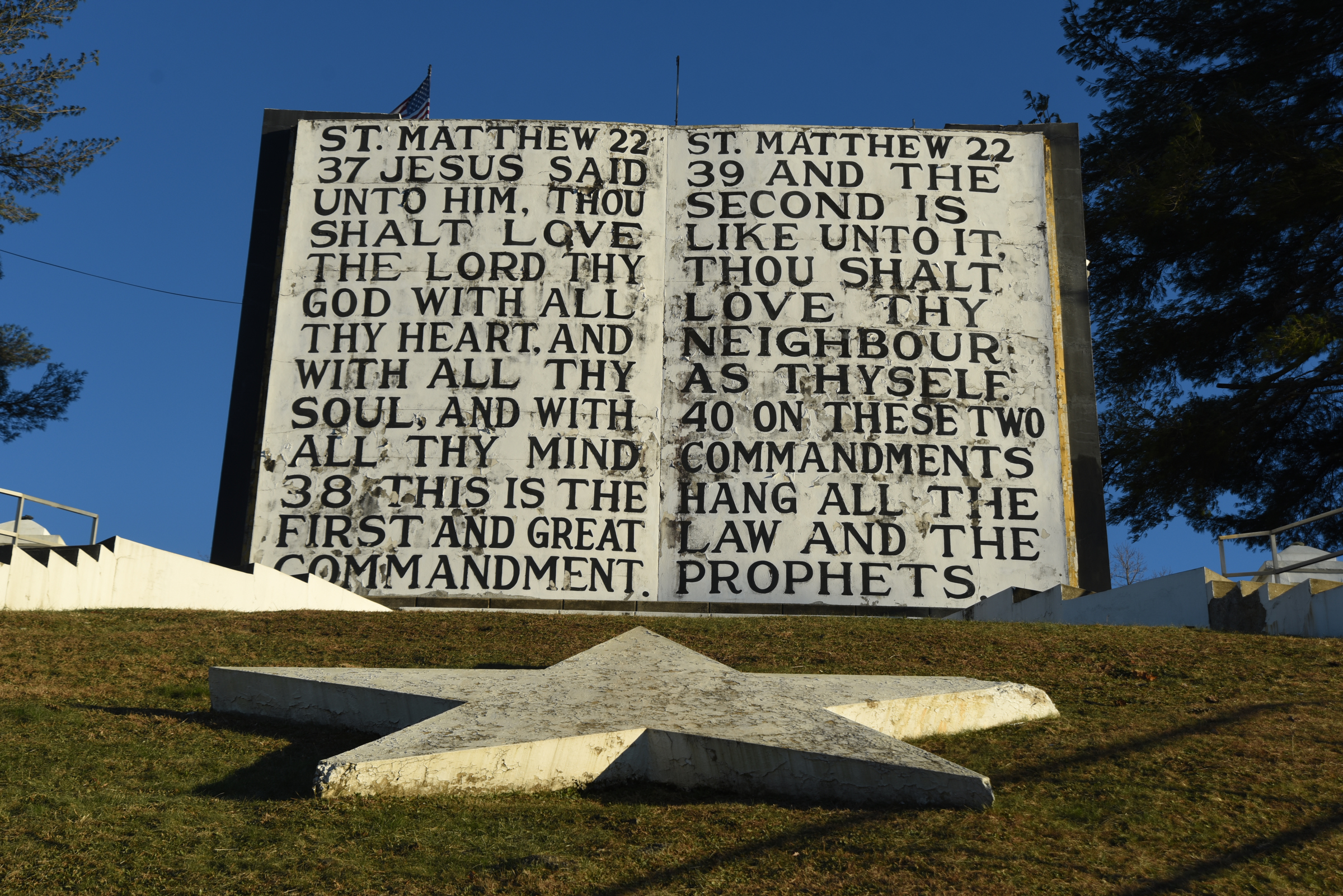Fields of the Wood Bible Park features the Ten Commandments in five-foot-high letters and a 30' by 50' Bible.