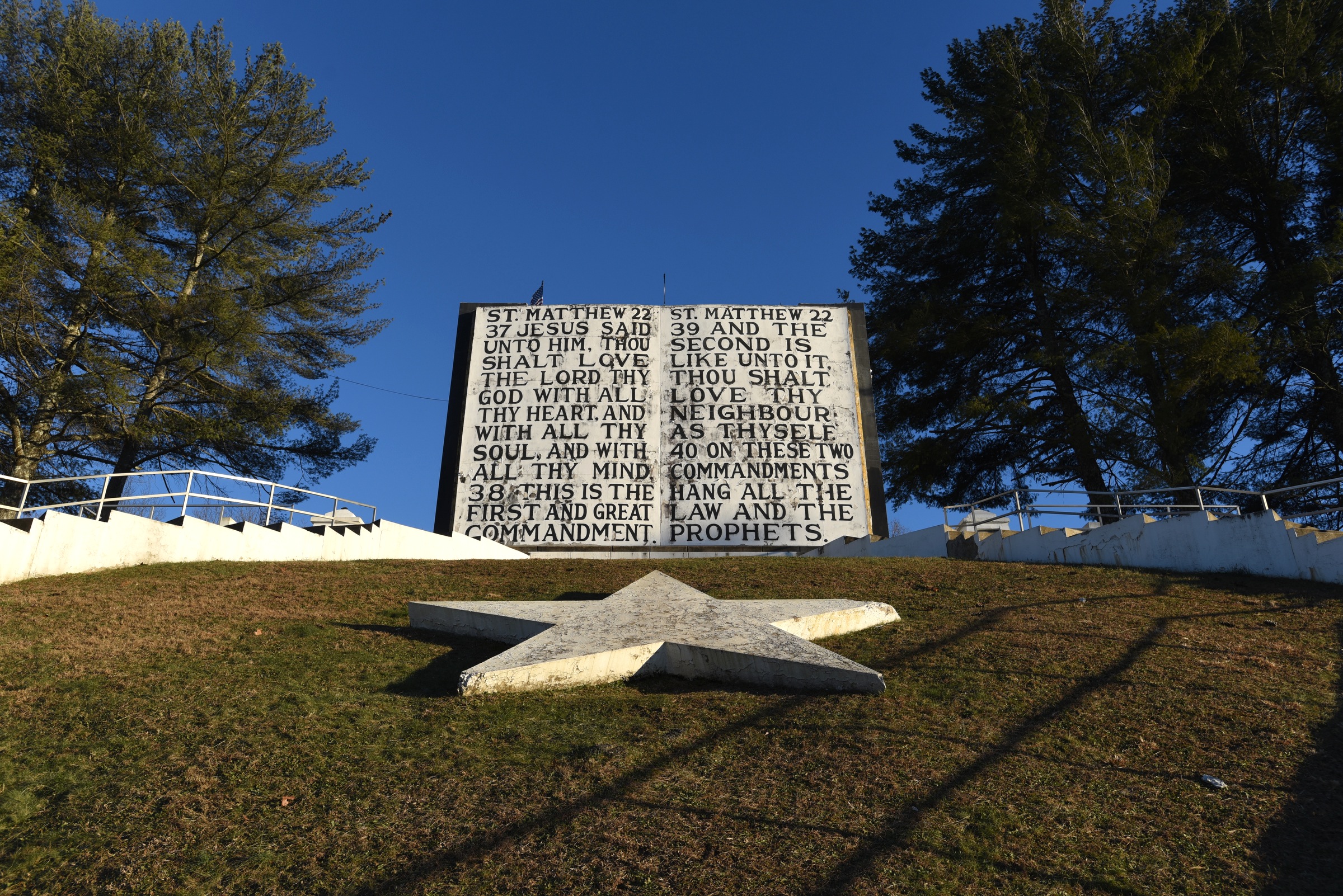 Fields of the Wood Bible Park features the Ten Commandments in five-foot-high letters and a 30' by 50' Bible.