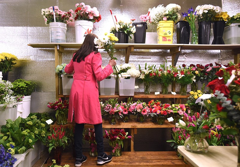 Janis Carter gathers flowers from the cooler Friday, February 12, 2016 at Humphreys Flowers.