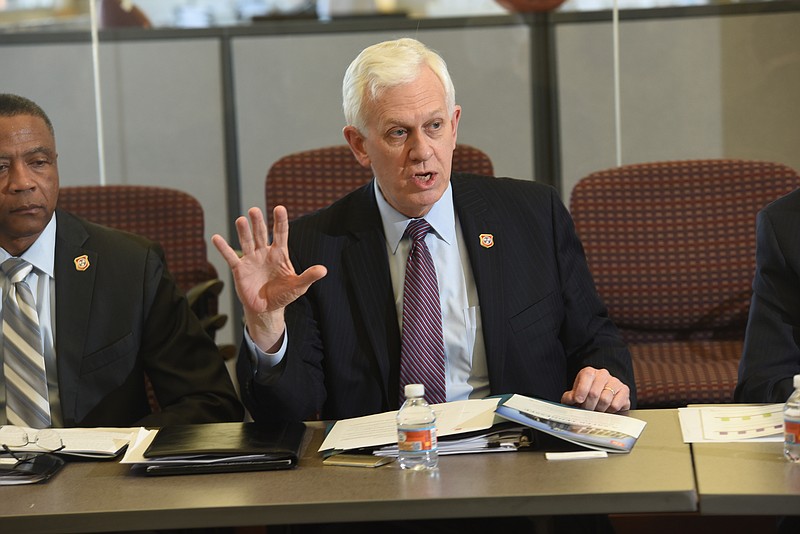 Staff photo by Tim Barber / Tennessee Commissioner of Safety and Homeland Security Bill Gibbons talk about the Public Safety Action Plan during an editorial board meeting Thursday at the Times Free Press.