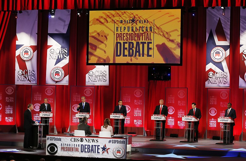 
              Republican presidential candidates, from left, Ohio Gov. John Kasich, former Florida Gov. Jeb Bush, Sen. Ted Cruz, R-Texas, businessman Donald Trump, Sen. Marco Rubio, R-Fla., retired neurosurgeon Ben Carson participate during the CBS News Republican presidential debate at the Peace Center, Saturday, Feb. 13, 2016, in Greenville, S.C. (AP Photo/John Bazemore)
            