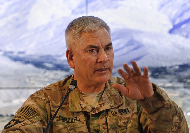 
              U.S. Army General John F. Campbell, commander of U.S. and NATO forces in Afghanistan, speaks during a news conference at Resolute Support headquarters in Kabul, Afghanistan, Saturday, Feb. 13, 2016. Speaking weeks before he ends his command, Campbell confirmed that U.S. special forces would be deployed to Helmand to provide “training, advice and assistance” to Afghan forces as they battle the Taliban. (Omar Sobhani/Pool Photo via AP)
            