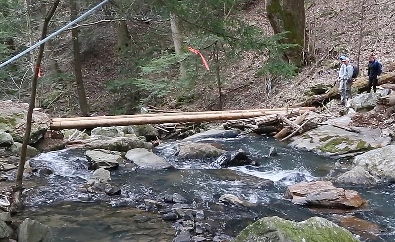 Beams have been placed for the new bridge that will carry the Fiery Gizzard Trail across McAlloyd Branch on the newly-rerouted path that now drops into McAlloyd Cove in Grundy County, Tenn.