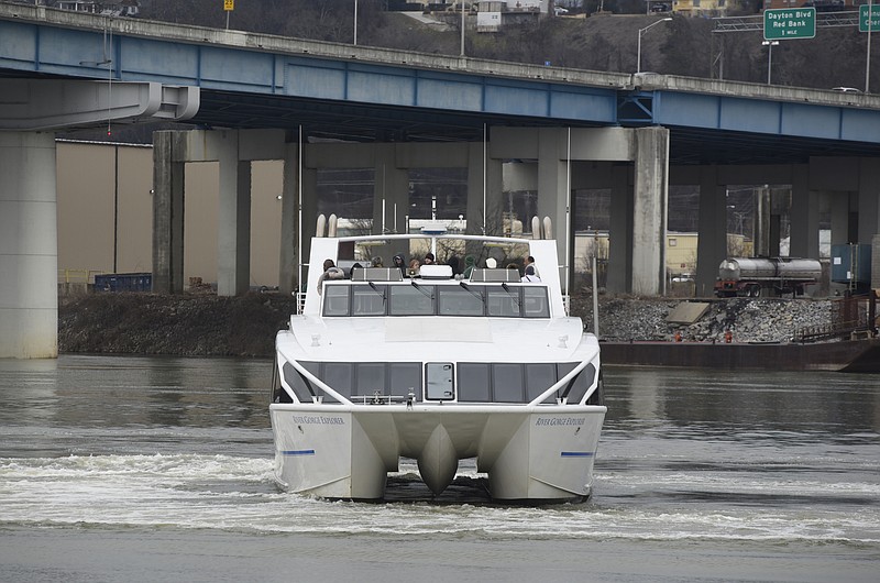 The Tennessee Aquarium's River Gorge Explorer approaches the dock at Ross's Landing after returning from the first of two cruises on the Tennessee River on Sunday, Feb. 14, 2016, in Chattanooga, Tenn.