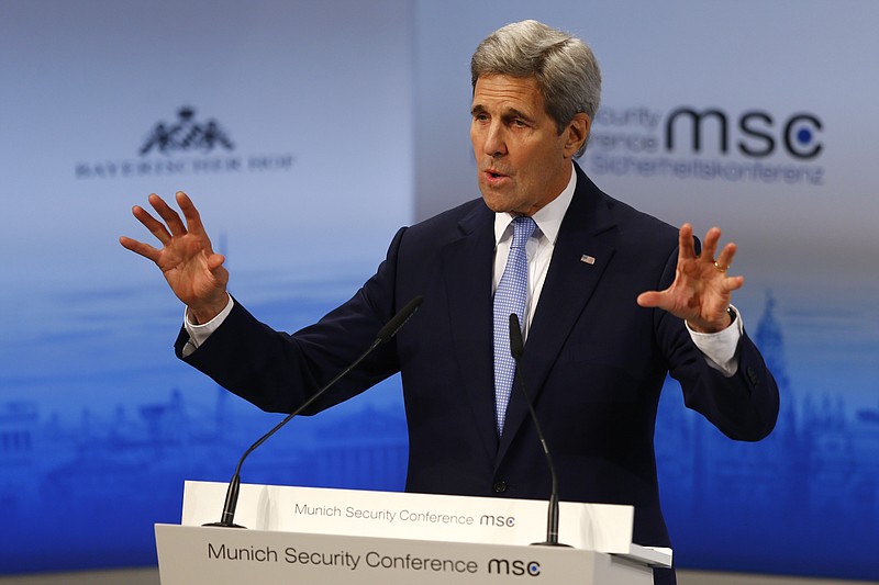 
              U.S. Secretary of State, John Kerry, gestures during his speech  at the Security Conference in Munich, Germany, Saturday, Feb. 13, 2016. (AP Photo/Matthias Schrader)
            