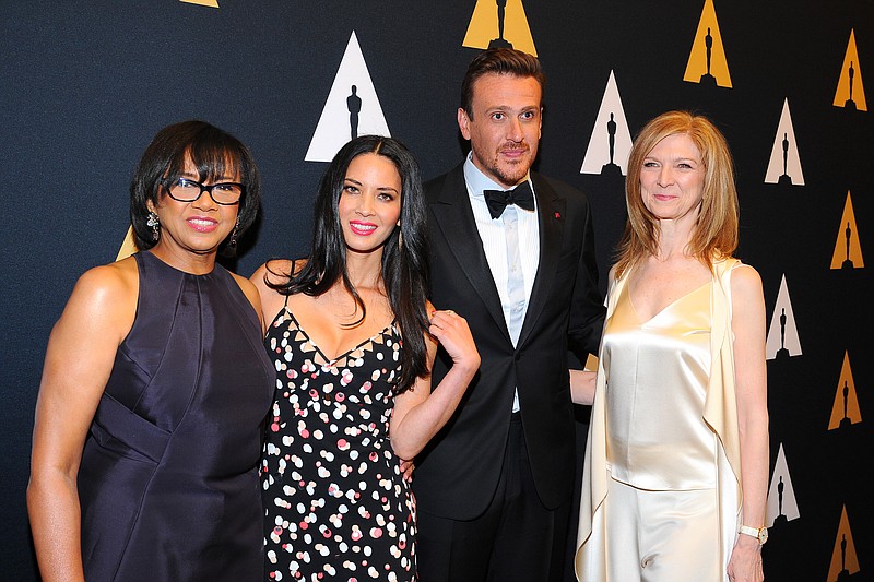 
              From left: Motion Picture Academy President Cheryl Boone Isaacs, actors Olivia Munn and Jason Segel and Motion Picture Academy CEO Dawn Hudson are seen at the Academy of Motion Picture Arts and Sciences' Scientific and Technical Awards Presentation at The Beverly Wilshire Hotel on Saturday, Feb. 13, 2016 in Beverly Hills, CA. (Photo by Vince Bucci/Invision/AP)
            