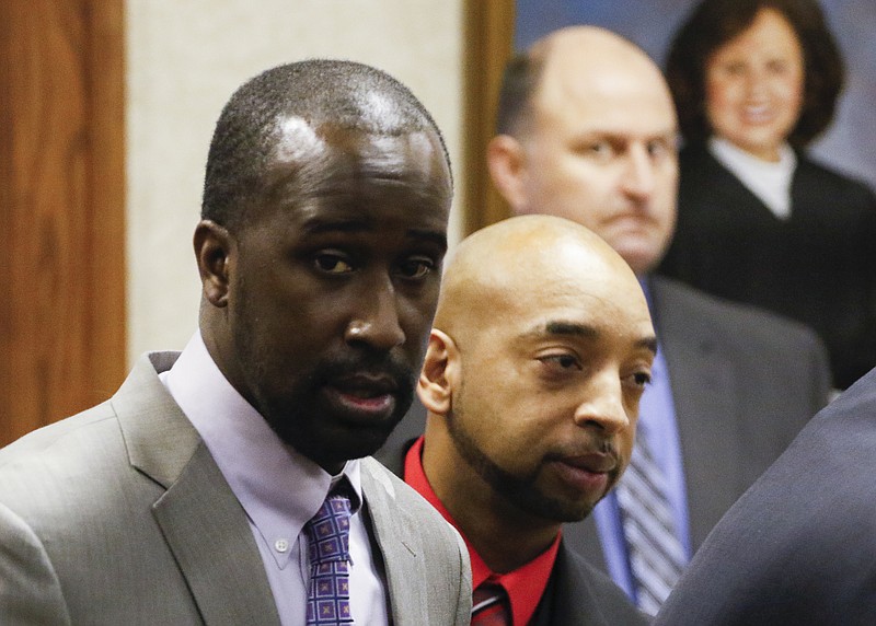 Staff Photo by Dan Henry / The Chattanooga Times Free Press- 2/15/16. Ooltewah High School assistant basketball coach assistant coach Karl Williams, head coach Andre "Tank" Montgomery and Athletic Director Allard "Jesse" Nayadley during (front to back) appear before Judge Robert Philyaw during a preliminary in Hamilton County Juvenile Court on February 15, 2016. Hamilton County District Attorney Neal Pinkston charged the three with failing to report child abuse or suspected child sexual abuse in connection with the rape of an Ooltewah High School freshman by his basketball teammates Dec. 22, 2015. 