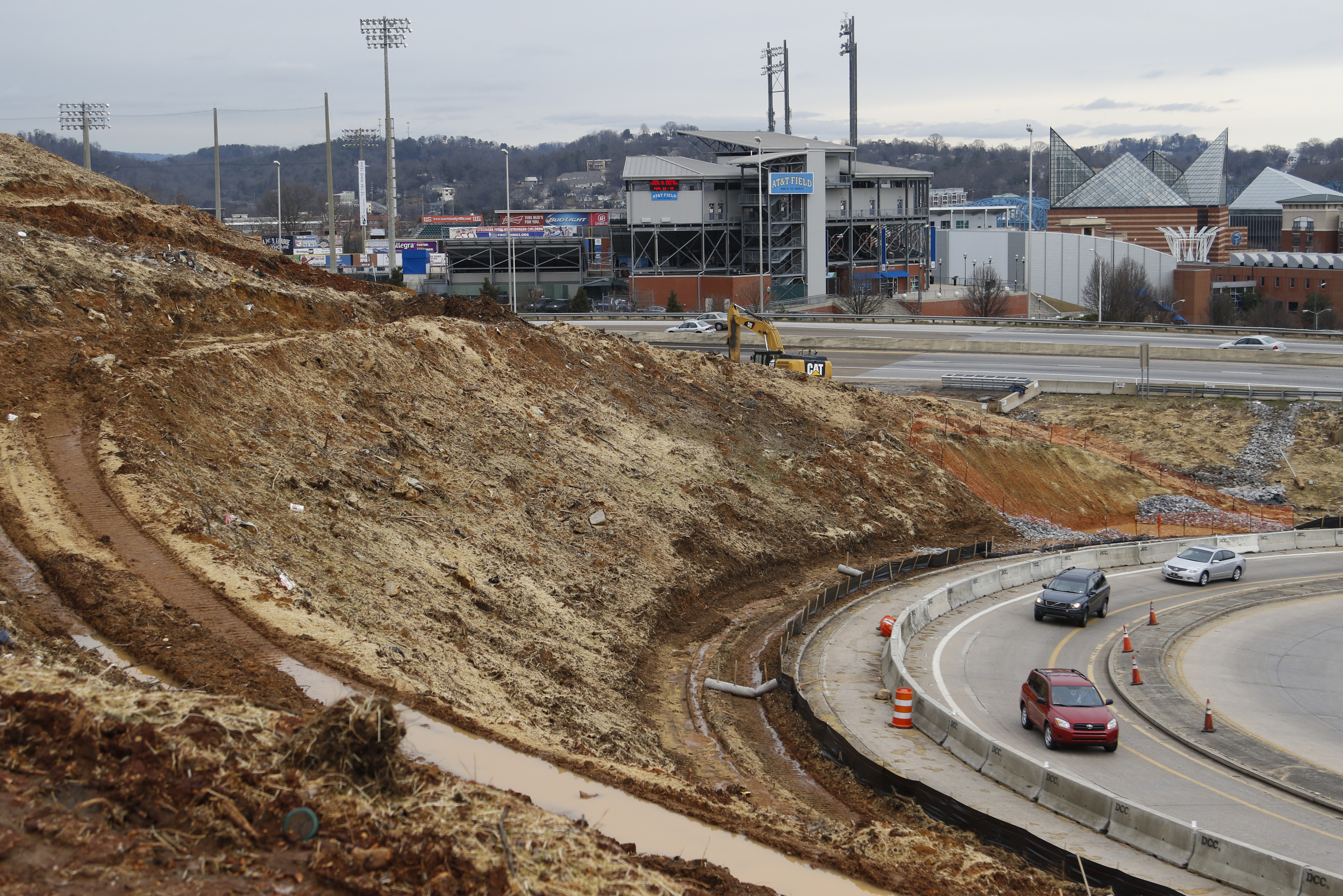 Staff Photo by Dan Henry / The Chattanooga Times Free Press- 2/16/16. Motorists drive past the US 27 expansion in downtown Chattanooga on Tuesday, February 16, 2016. Recent precipitation has saturated the ground and caused some area construction projects to be delayed.