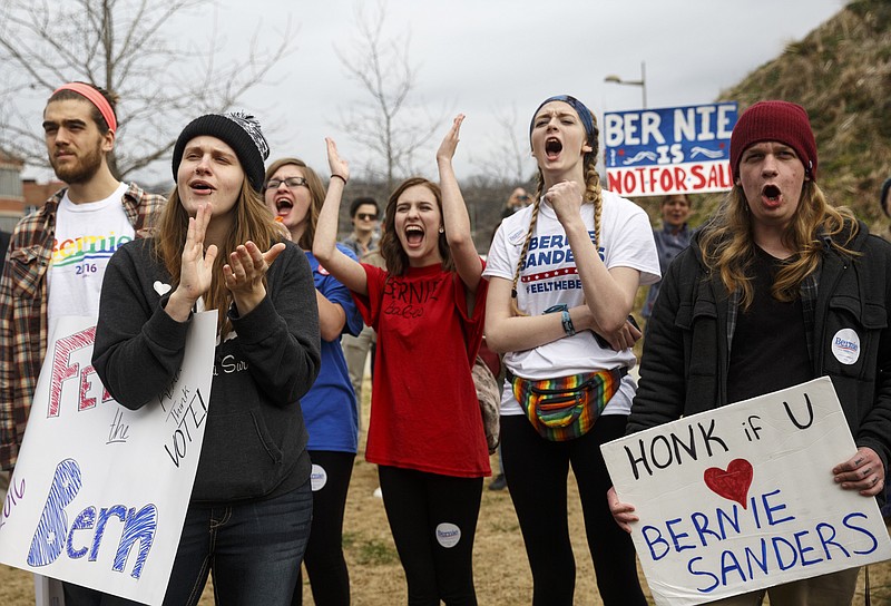 Supporters cheer during a rally for Democratic presidential primary candidate Bernie Sanders held at Renaissance Park on Saturday, Feb. 20, 2016, in Chattanooga, Tenn. Supporters then marched across the Market Street Bridge to show their support.