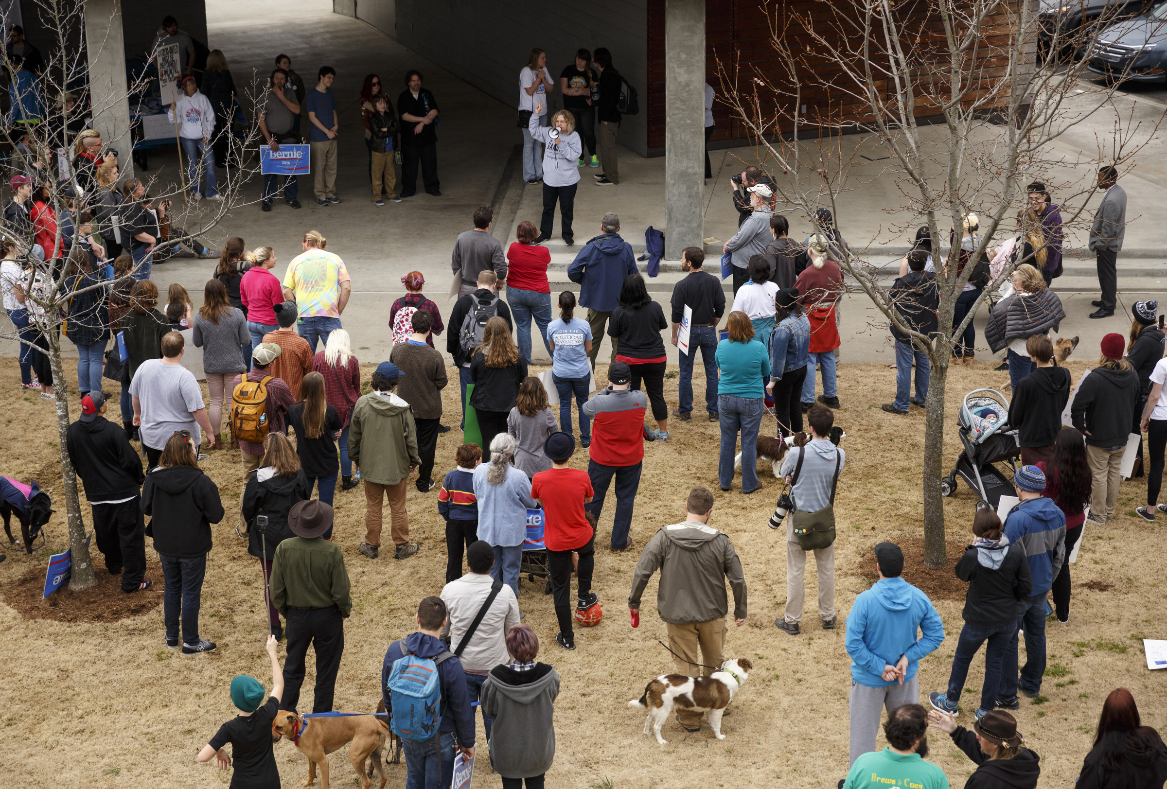 Supporters gather around a pavilion during a rally for Democratic presidential primary candidate Bernie Sanders held at Renaissance Park on Saturday, Feb. 20, 2016, in Chattanooga, Tenn. Supporters then marched across the Market Street Bridge to show their support.