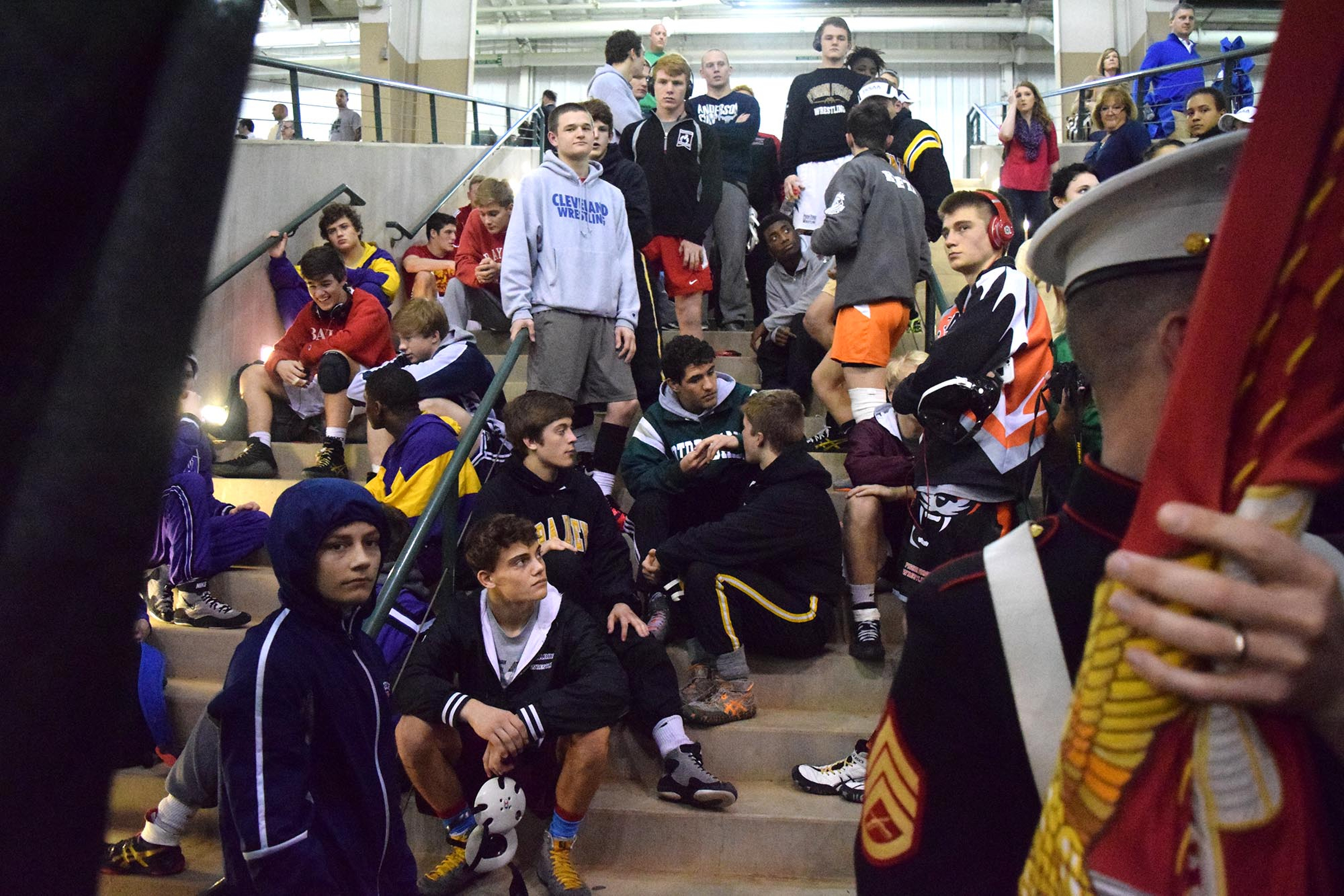 Wrestlers wait on the arena stairs to be announced to the crowd. The finals of the TSSAA State Wrestlings Championships were held at the Williamson Agricultural Center in Franklin, Tn. on February 20, 2016.
