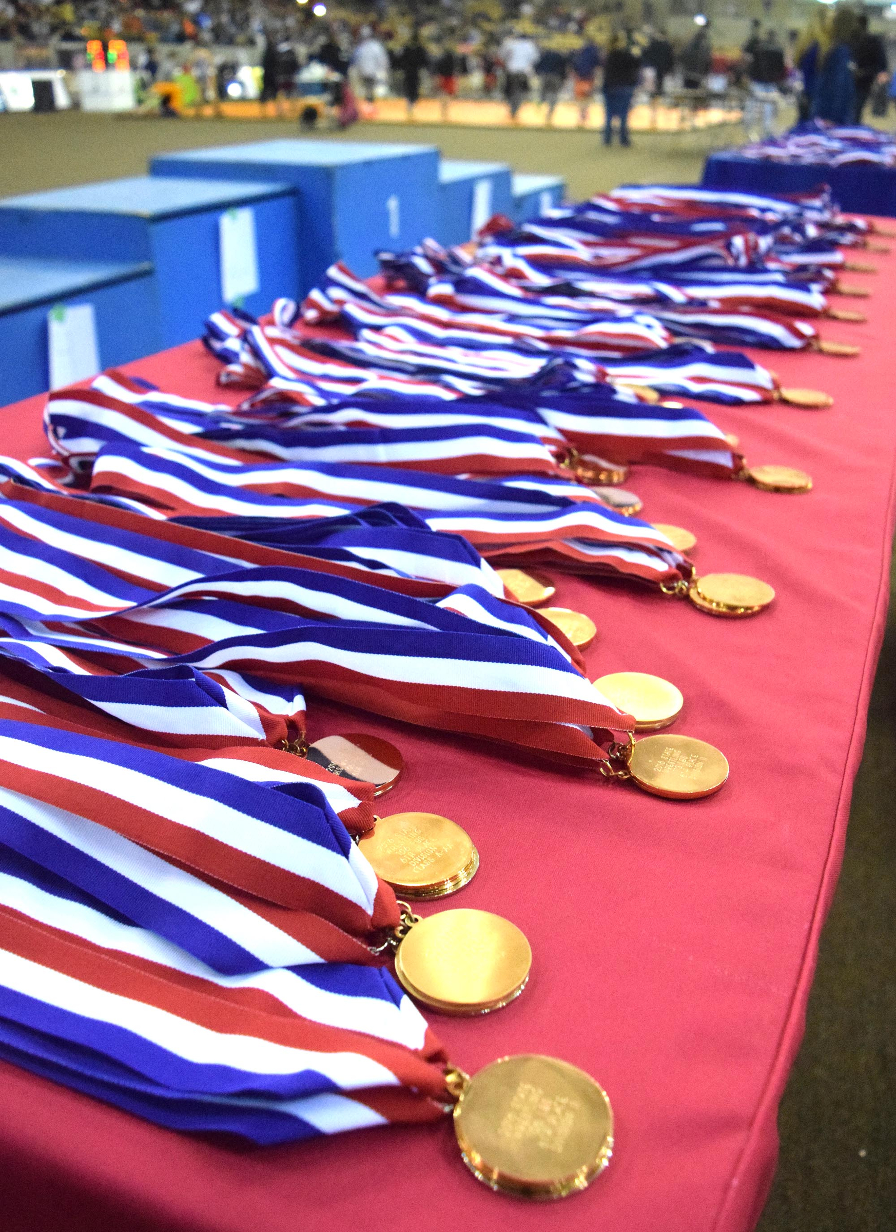 Medals set arranged on a talbe awaiting the champions. The finals of the TSSAA State Wrestlings Championships were held at the Williamson Agricultural Center in Franklin, Tn. on February 20, 2016.