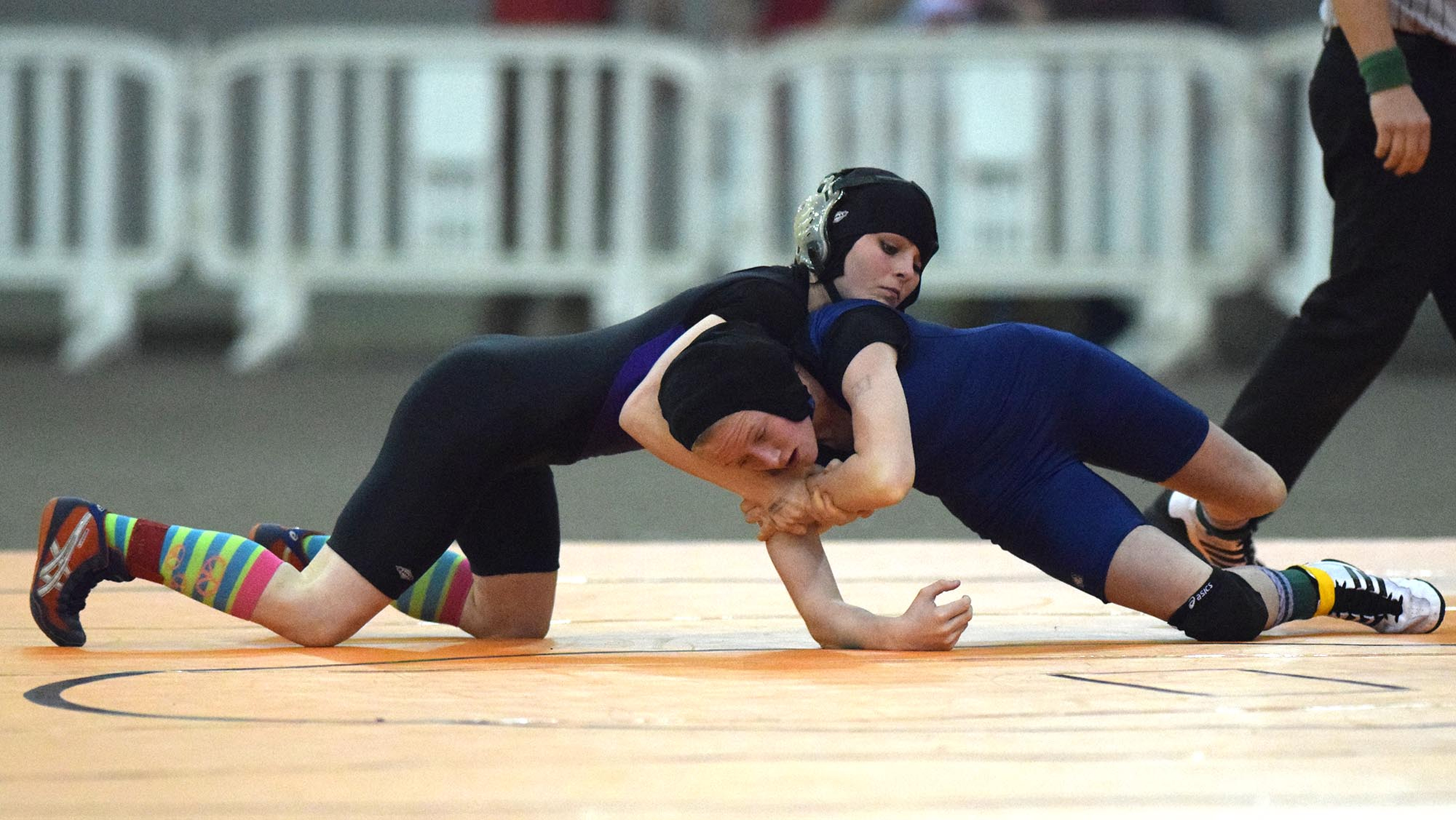 Sequatchie County's Katie Brock controls Caitlyn Green of Northeast in the 105 pound Girls class. Brock won the state championship and finished 31-0 for the year. The finals of the TSSAA State Wrestlings Championships were held at the Williamson Agricultural Center in Franklin, Tn. on February 20, 2016.