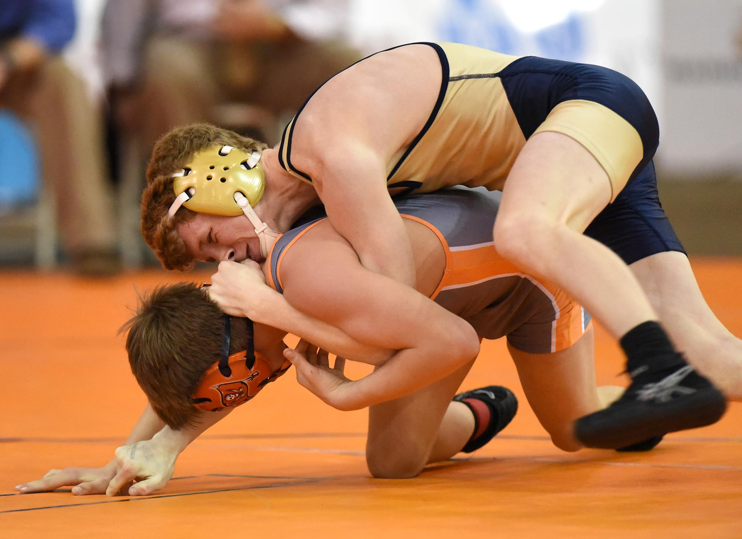 Charles Wheaton of Soddy-Daisy (top) controls Brayden Palmer of Beech in the 106 pound class. Wheaton won the state title. The finals of the TSSAA State Wrestlings Championships were held at the Williamson Agricultural Center in Franklin, Tn. on February 20, 2016.