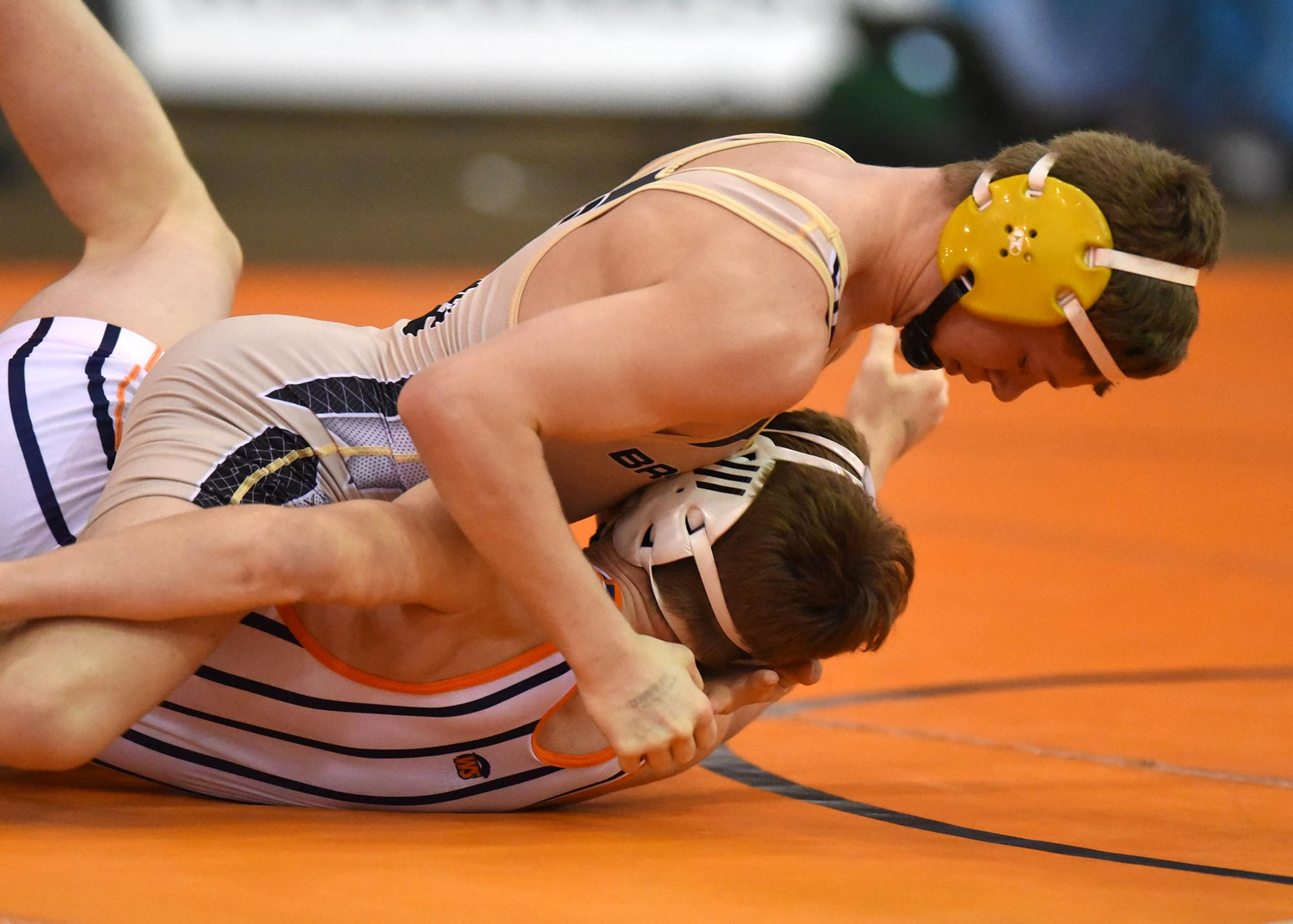 Bradley County's T.J. Hicks (top) takes William Blount's Calvin Martin down to the matt. Hicks won the 113 pound class. The finals of the TSSAA State Wrestlings Championships were held at the Williamson Agricultural Center in Franklin, Tn. on February 20, 2016.